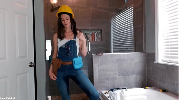 Construction girl sage eldritch wetting denim overalls & panties