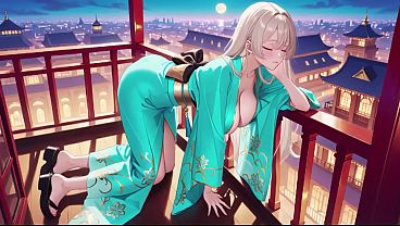 Blonde in a Green Kimono! Lazy Terrace Reading, Off-Shoulder Design is Too Sinful!