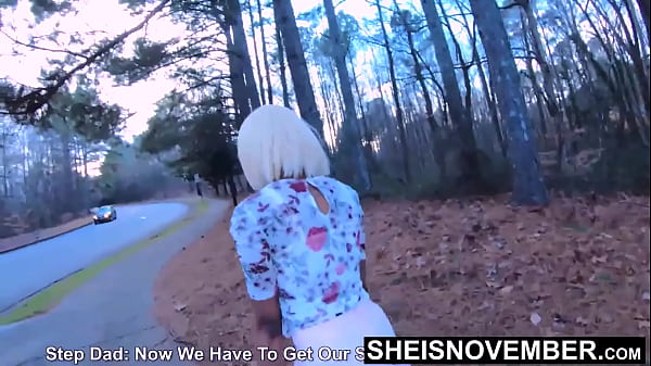 My freaky stepdaughter sneak outside to fuck me in public riding my hard horny big dick in the woods during taboo sex and upskirt cute filthy young black girl sheisnovember large natural tits and huge areolas out rough fucking by msnovember