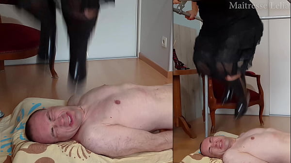 Ma&icirc;tresse lelia en bottes me pi&eacute;tine et me frappe