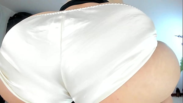 Naughty MILF Sonya shaking her big booty in white satinsilky full_back panties close up