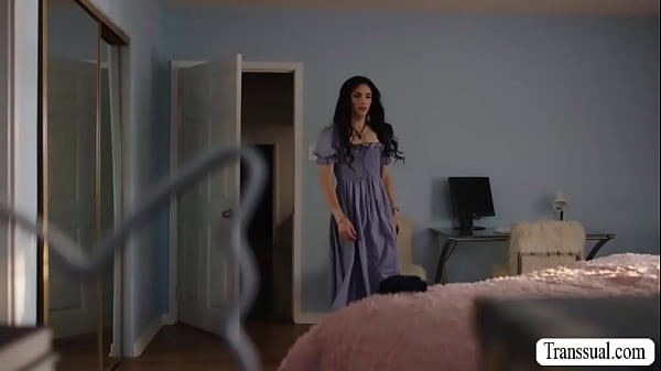 Horny stepson caught by his shemale stepmom jerking off.Instead of getting mad,she throats his dick and lets him bareback her wet ass. 