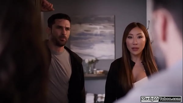 Asian milf catches hubby cheating and gets back at him kissing a big tits brunette is facefucked and fucked rough and squirts