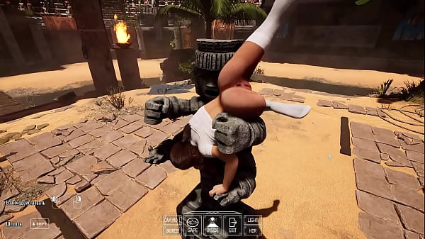 Lara croft's deep throat tries out a new technique to awaken a statue in a tomb 
