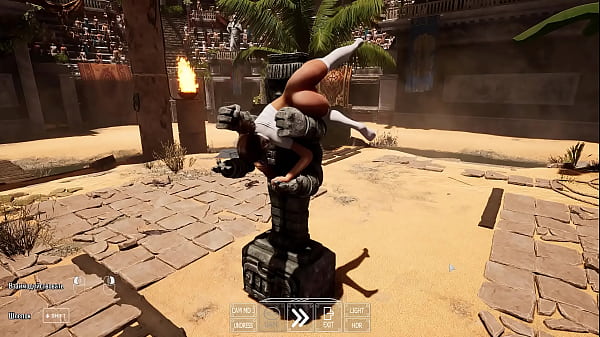 Lara croft's deep throat tries out a new technique to awaken a statue in a tomb 
