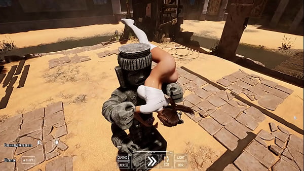 Lara croft's deep throat tries out a new technique to awaken a statue in a tomb 