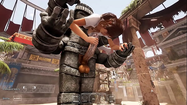 Lara Croft s Deep Throat tries_out a new technique to awaken a_statue in a tomb