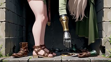 AI generated- Blonde Knight'_s Afternoon! Green Uniform   Golden Mechanical Arms, lazily contemplating in ancient stone ruins.