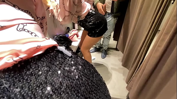 Risky cumshot in shopping mall changing rooms with people around