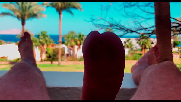 A vulgar fantasy of a straight guy. Watch me jerk off and cum on the balcony by the sea 