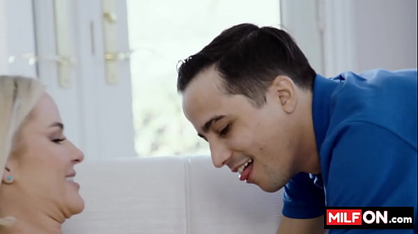 Lovely blondie stepmom with amazing big naturals seduces her step-son for a wet fuck on the couch 