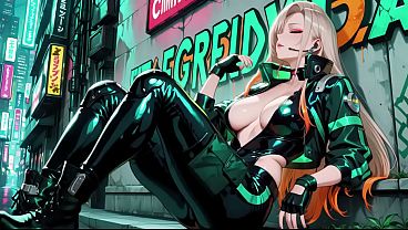 Ai Generated-neon Rain Night! Blonde Agent In Wet Leather Crouching Low, Holographic Glow & Cold Glances. Can You Handle This Cyberpunk Fantasy? thumbnail