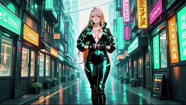 Nonton Ai Generated-neon Rain Night! Blonde Agent In Wet Leather Crouching Low, Holographic Glow & Cold Glances. Can You Handle This Cyberpunk Fantasy? thumbnail