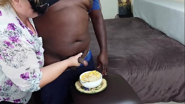 Mature Woman Jerking Off Black Guy And Rewarded With Big Cum Load After Cock Milking thumbnail