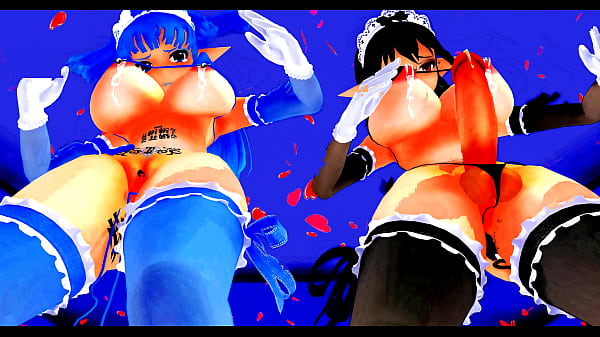 two girls, one futanari, dance and sing