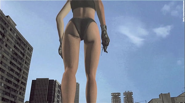 Bikini giant lady crossing town 
