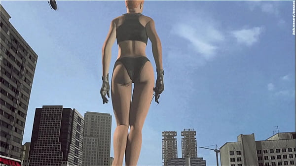 Bikini giant lady crossing town 