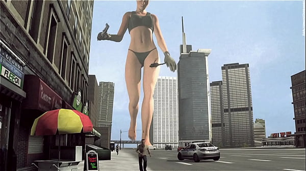Bikini giant lady crossing town 