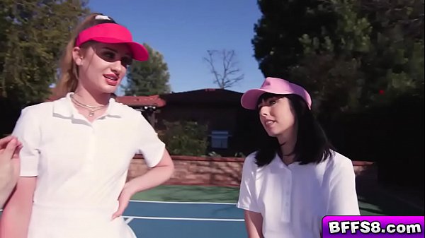 Besties getting a tennis lesson from a stud they all want to fuck_and the claws come out right_away!