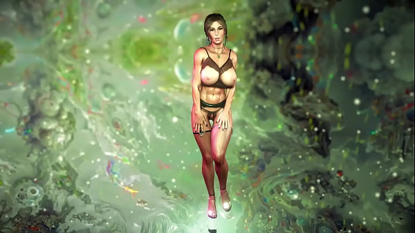 Muscular milf Lara Croft in sexy underwear teases you with his oiled body 