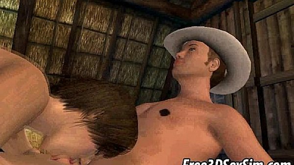 Hot 3D brunette babe gets double teamed in a barn 