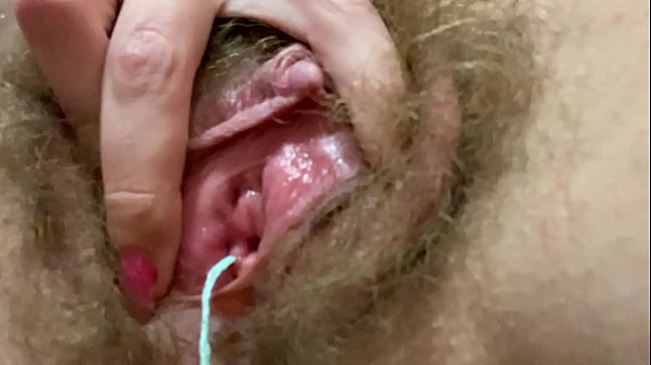 Double orgasm with super wet hairy pussy and tampons inside huge clitoris