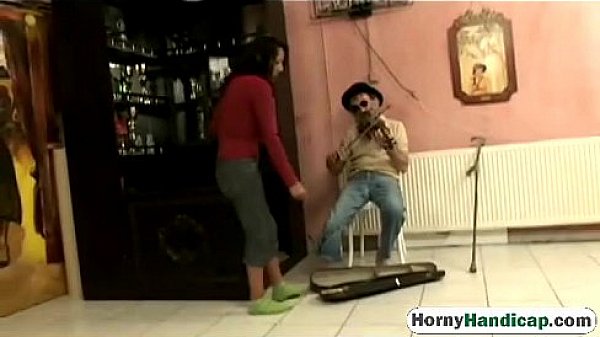 Handicapped man gets blowjob riding brunette teen 