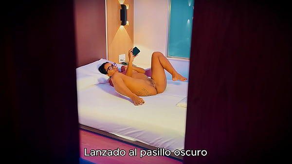 Stepmother masturbates while her stepson secretly watches her. 