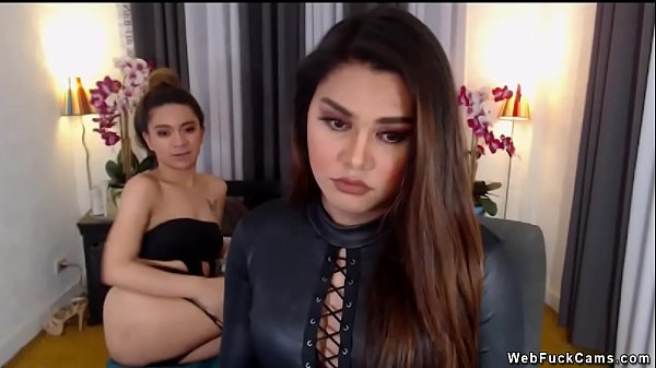 Two super hot amateur shemale lesbians in sexy lingerie and outfit wanking cocks and sucking each other in private live homemade webcam show 