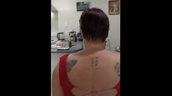 Public kiwi slutty bitch carries out the rubbish wearing red fishnet mini dress in full view