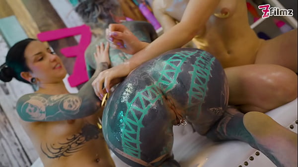 Lesbian Oil Threesome and Anal Stretching with Metal Dildo - Oil Fetish Lesbians with Morea Black & Anuskatzz 