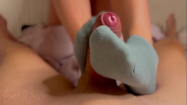 Gf With Perfect Feet Ruins His Orgasm In Her Blue Sock thumbnail