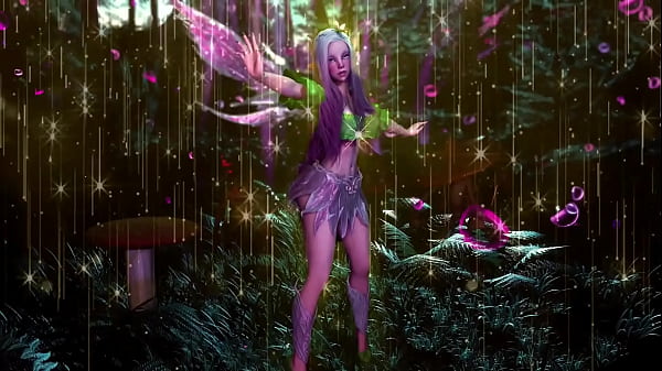 Naive pale-skinned fairy gracefully posing in a elven woodland alone 