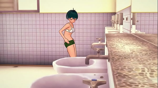 Almost naked girl pissing in men'_s bathroom