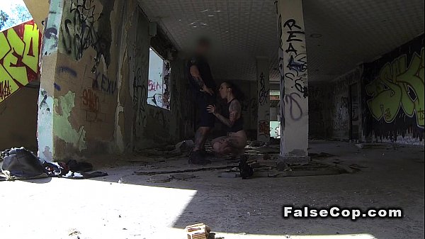 Tattooed babe sucks huge dildo for_fake cop