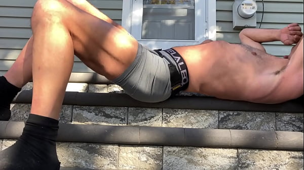 Strip and Stretch on Steps in Tight Boxers and Groin Brace PREVIEW 