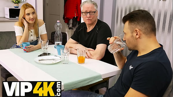 DY4K Excited blonde sneaks into kitchen and seduces BFs old