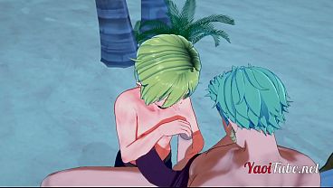 One Piece Yaoi - Zoro x Sanji Handjob and Blowjob in a beach - anime Manga Gay