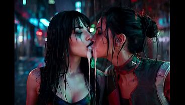 Panam Palmer from Cyberpunk 2077 in a passionate lesbian kissing scene, drooling with Nyx Loops - AI Generated 