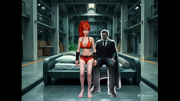 A small very cute young woman with long orange hair will be surprise by an evil genius on an island