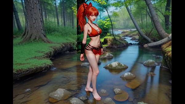 A small very cute young woman with long orange hair will be surprise by an evil genius on an island