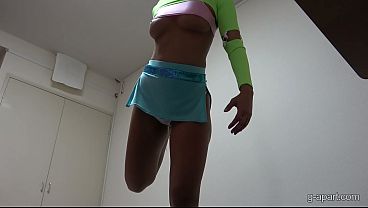 Big boobs Japanese surfer girl sweats out during fitness workout, taking off top, short skirt, and G-string shorts to train nude 