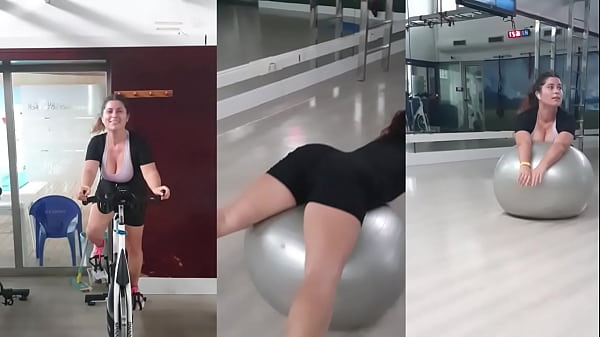 Hot teen with big tits and perfect ass in the gym warming up for sex in doggy huge cum on asshole