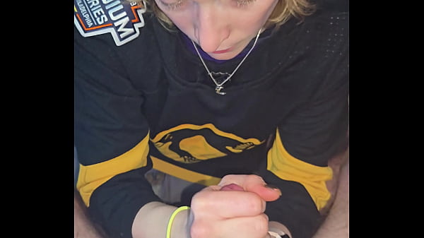 Hockey milf sucks cock on her knees