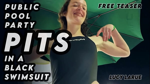 Public pool party pits in a black swimsuit 