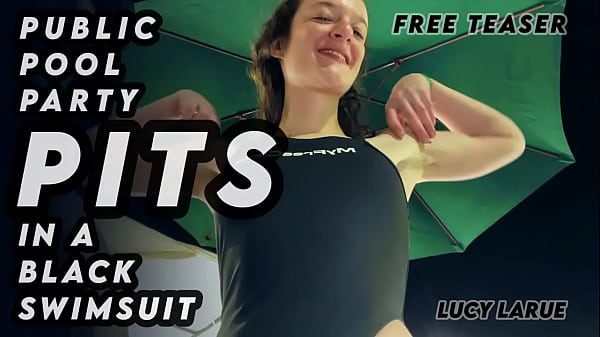 Public pool party pits in a black swimsuit 