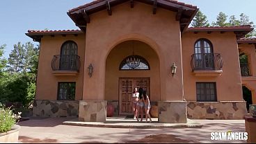 Hot brunettes change into tiny bikinis and trick the clueless guy outside