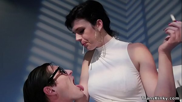 Tall shemale criminal in interrogation room turns table on detective and fucks his ass 