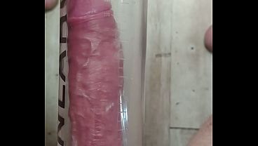 Thick white cock pumped with cock ring shoots huge cumload.