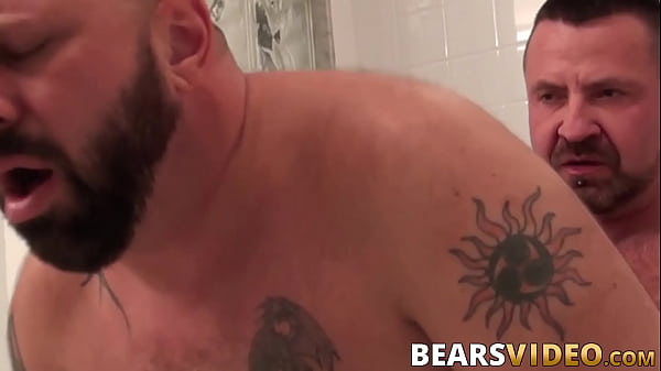 Hairy inked bears banging under shower 
